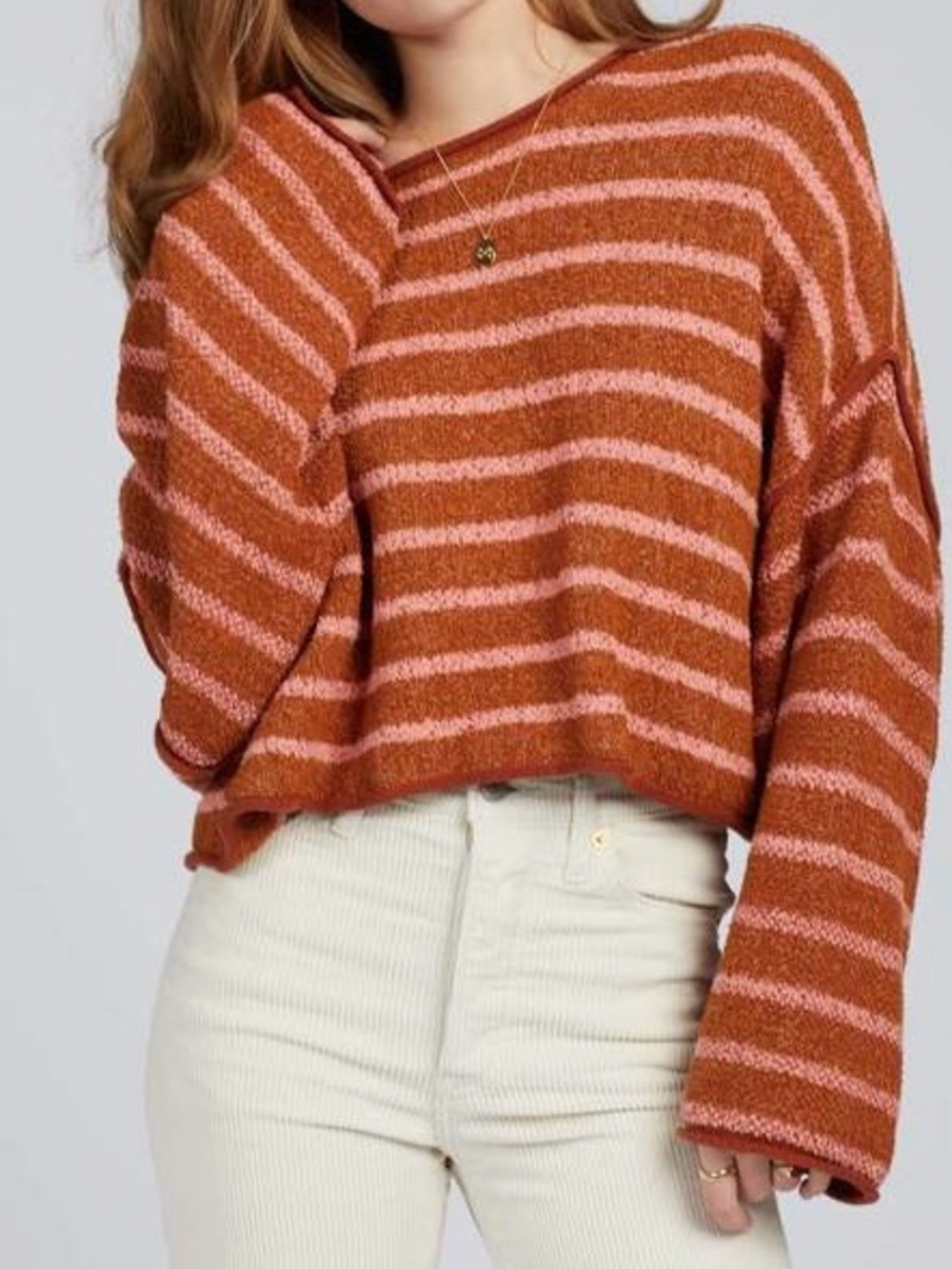 Free People Rust & Pink Striped Cozy Knit Sweater